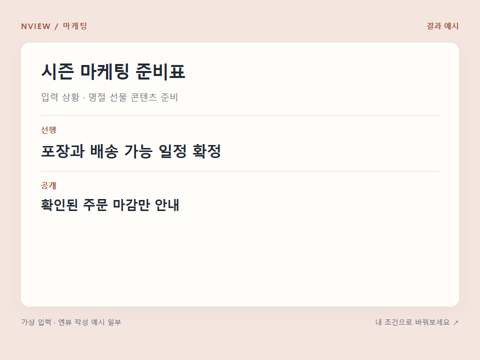 시즌 마케팅 준비표 프롬프트 · 결과 예시 미리보기