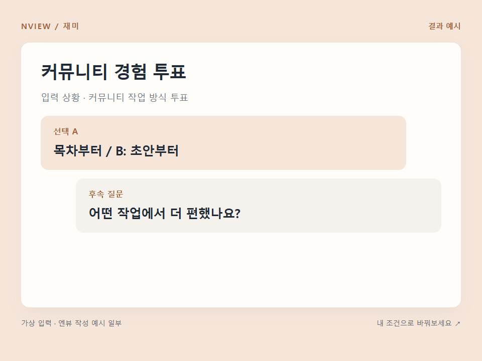 커뮤니티 경험 투표 프롬프트 · 결과 예시 미리보기