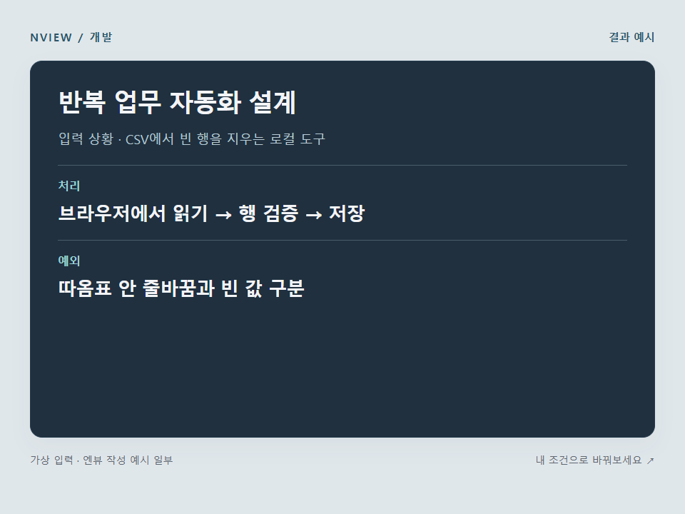 반복 업무 자동화 설계 프롬프트 — 개발 전 요구사항 정리 · 결과 예시 미리보기