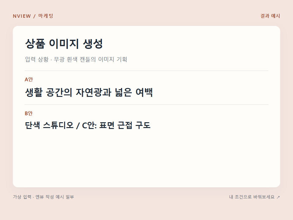 상품 이미지 생성 프롬프트 — 배경·조명·구도 3안 설계 · 결과 예시 미리보기
