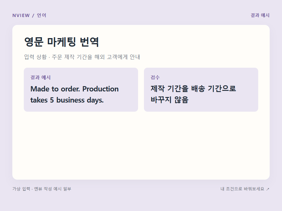 영문 마케팅 번역 프롬프트 — 직역·현지화·표현 검수 · 결과 예시 미리보기
