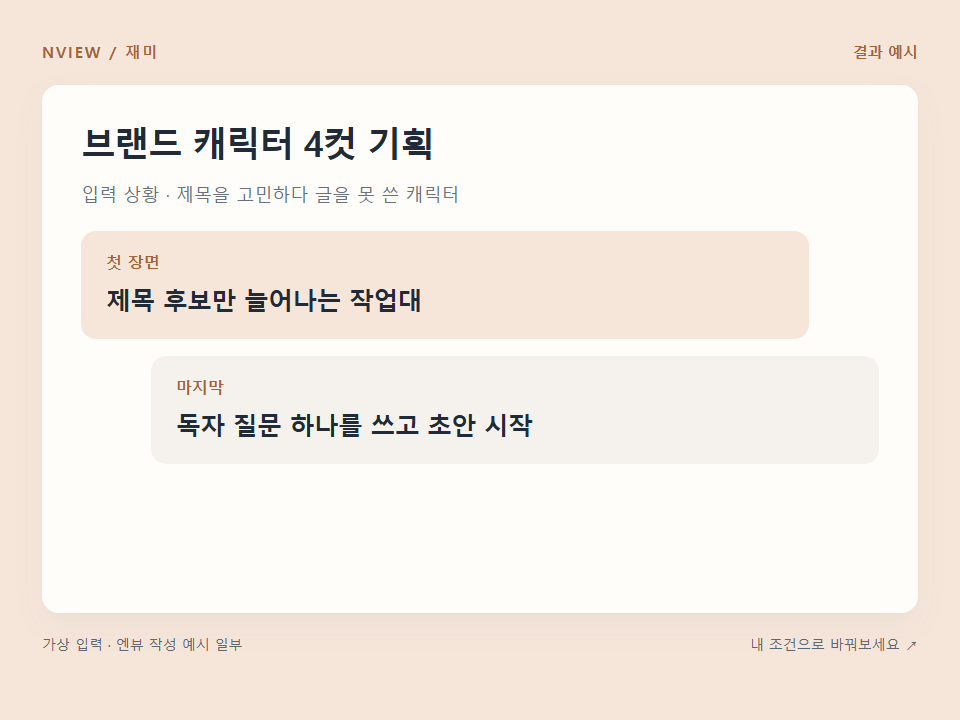 브랜드 캐릭터 4컷 기획 프롬프트 — 공감 상황으로 이야기 만들기 · 결과 예시 미리보기