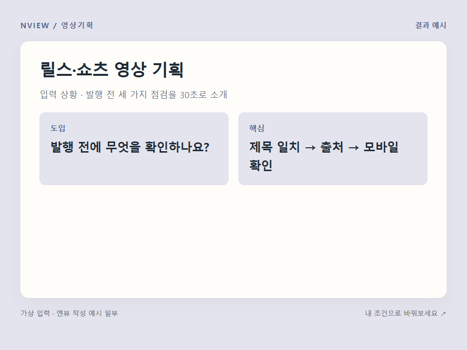 릴스·쇼츠 영상 기획 프롬프트 — 30초 콘티와 생성 지시문 · 결과 예시 미리보기